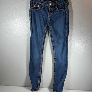 True Religion Womens Super Skinny Jeans Heavily Stitched Blue Medium Wash 26